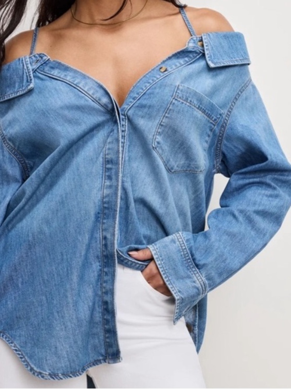 Good American Shirt Women M Blue Denim Off Shoulder Oversized Western